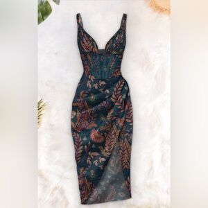 Blue and Red Floral Midi Dress with boning